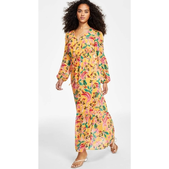 Bar III Chiffon Printed Maxi Dress Kauai Gardens XL